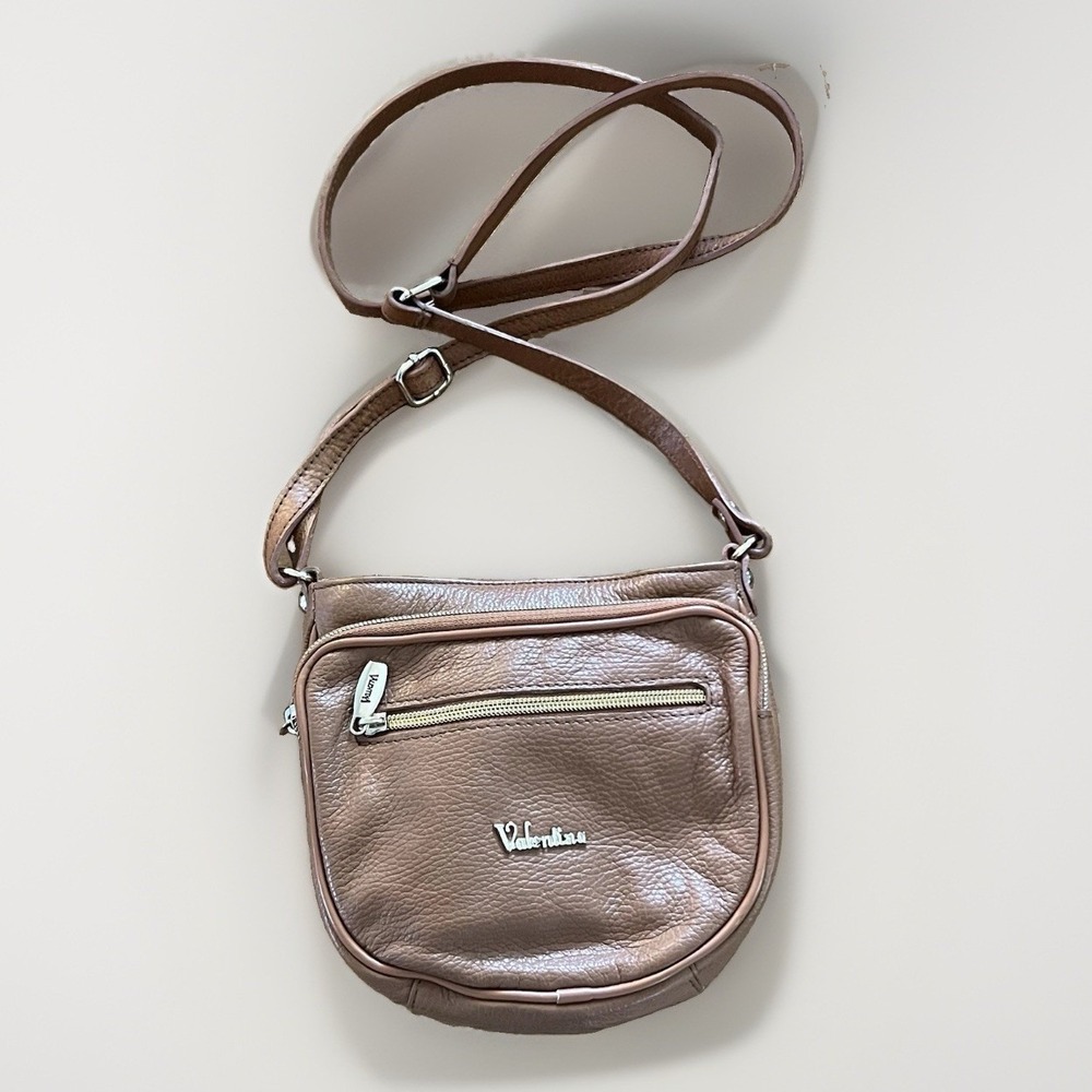 Valentina Italy Brown Genuine Leather Crossbody Bag Small Zip Purse